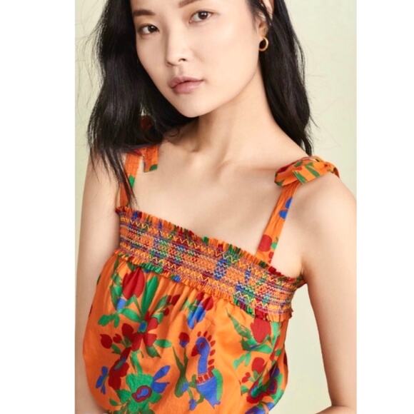 TORY BURCH NEW $448 Smocked Orange Green & Red Ruffle Floral Print Dress - Large - Picture 4 of 16